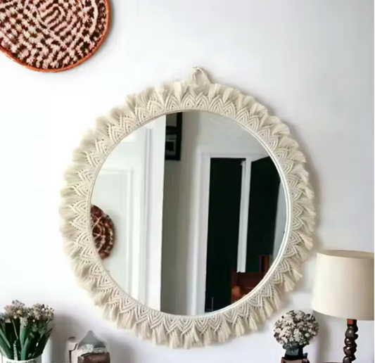BohoWeaveβ’ Round Wall Mirror β Macrame Frame in Off-White