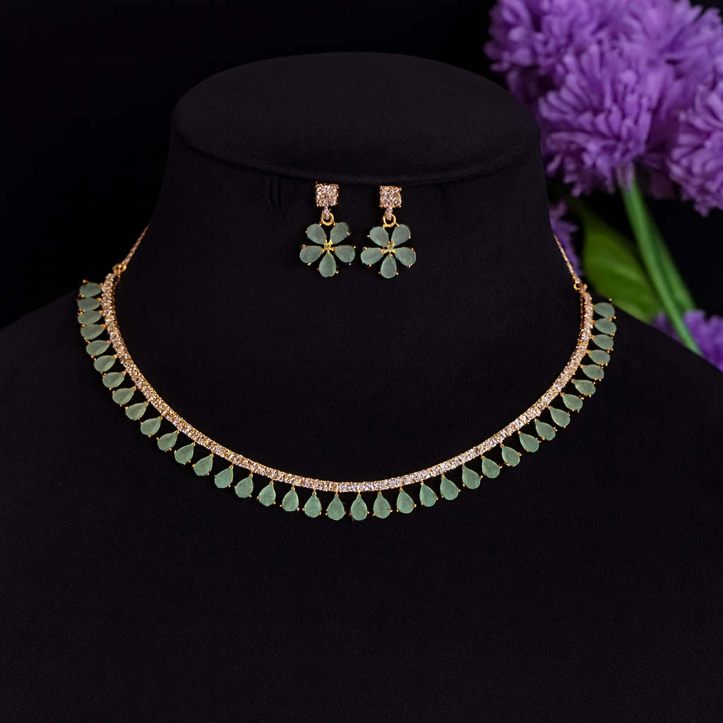 Chalcedony Teardrop Necklace, American Diamond Stone Necklace & Earrings