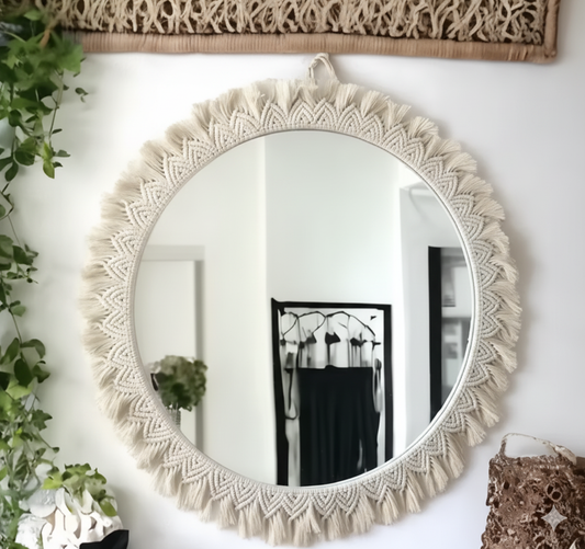 BohoWeave™ Round Wall Mirror – Macrame Frame in Off-White