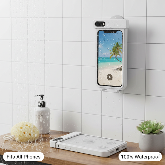 360° Waterproof Shower Phone Holder – Anti-Fog, Wall-Mounted Bathroom Mount (White)