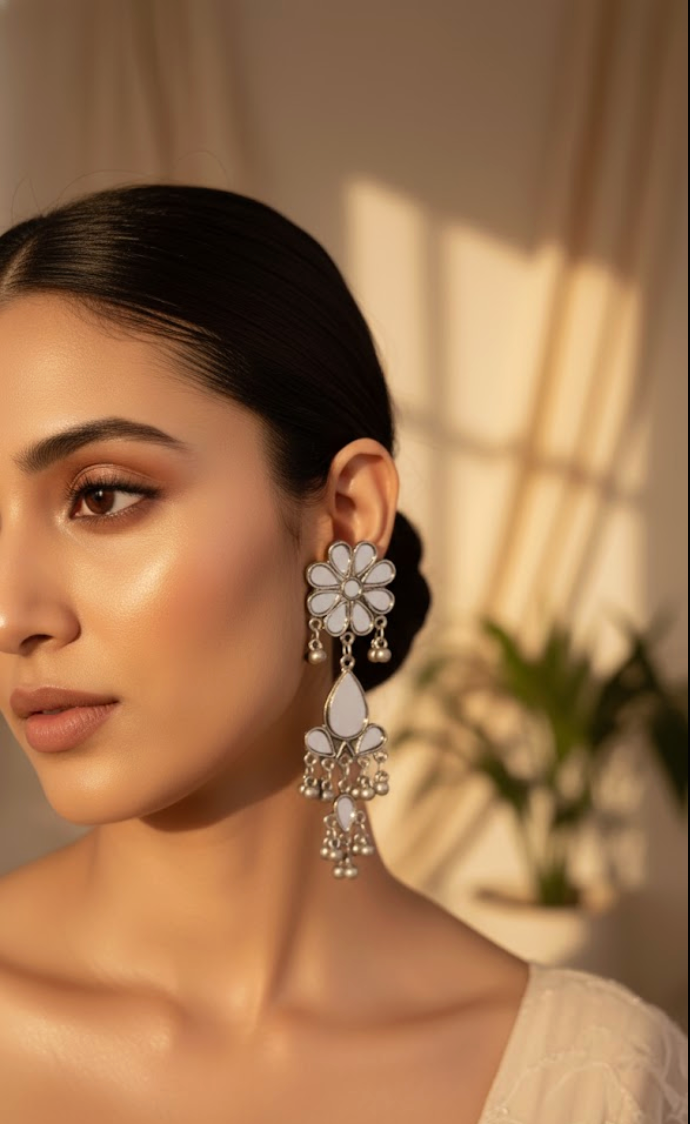 Oxidé Charm Mirror Earrings – Silver-Toned Premium Ethnic Design