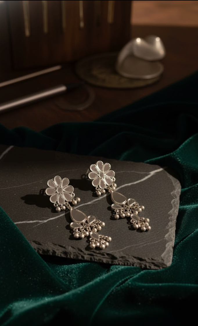 Oxidé Charm Mirror Earrings – Silver-Toned Premium Ethnic Design