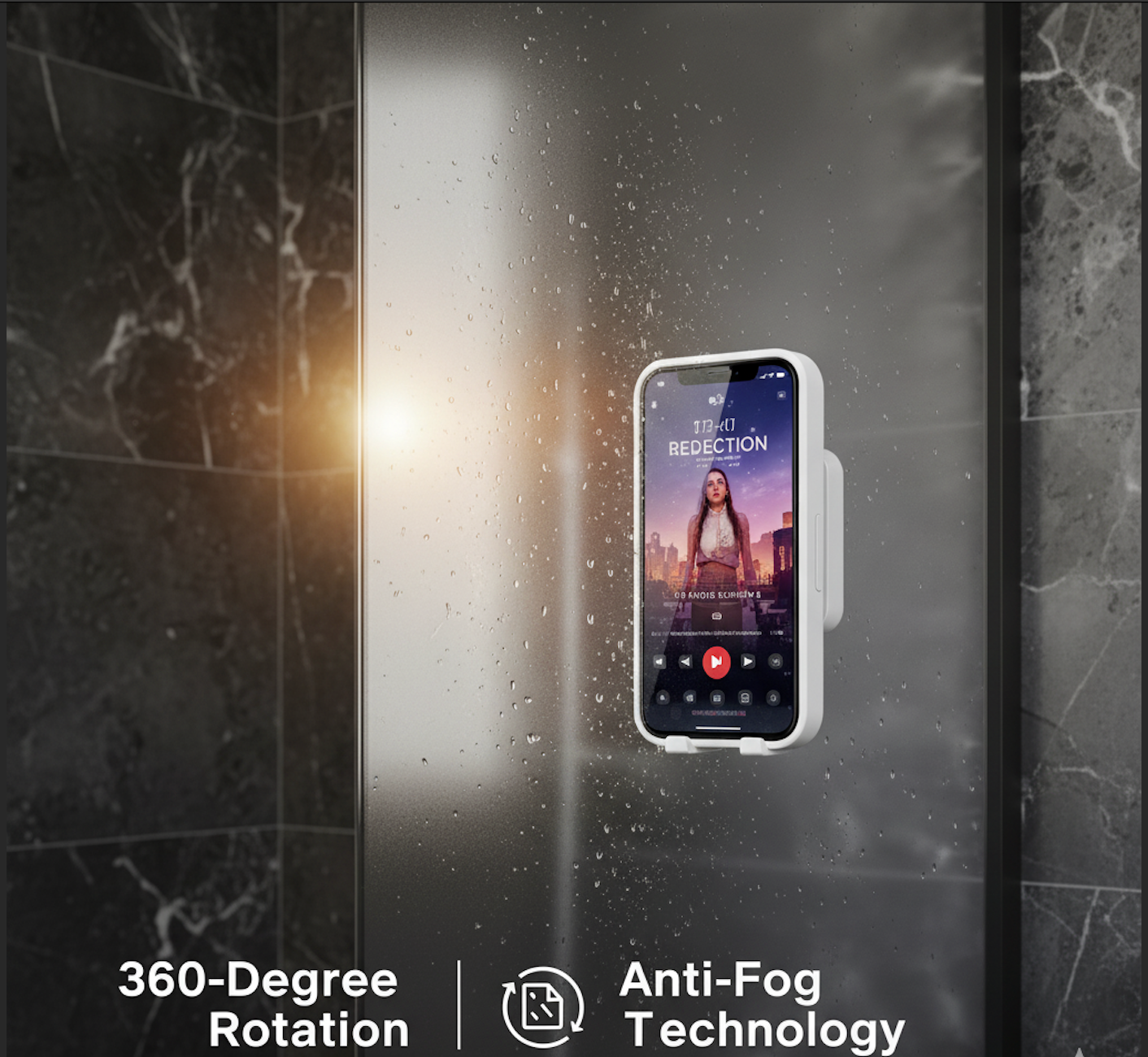 360° Waterproof Shower Phone Holder – Anti-Fog, Wall-Mounted Bathroom Mount (White)