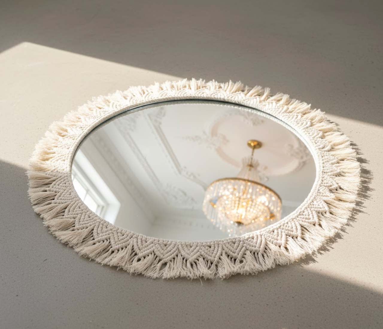 BohoWeave™ Round Wall Mirror – Macrame Frame in Off-White