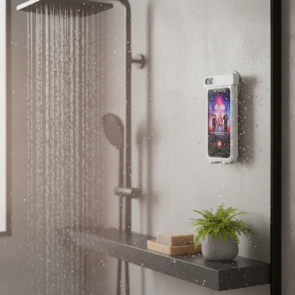 360° Waterproof Shower Phone Holder – Anti-Fog, Wall-Mounted Bathroom Mount (White)